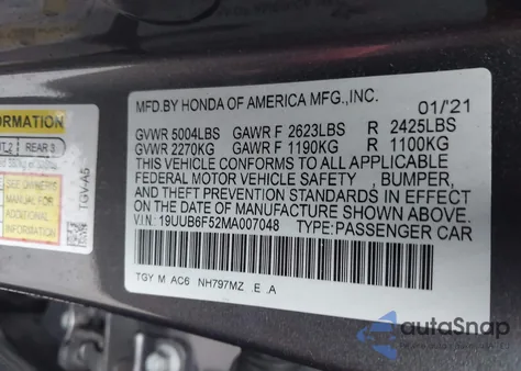 2021 Acura Tlx A-Spec Package из США, поврежденный, VIN 19UUB6F52MA007048